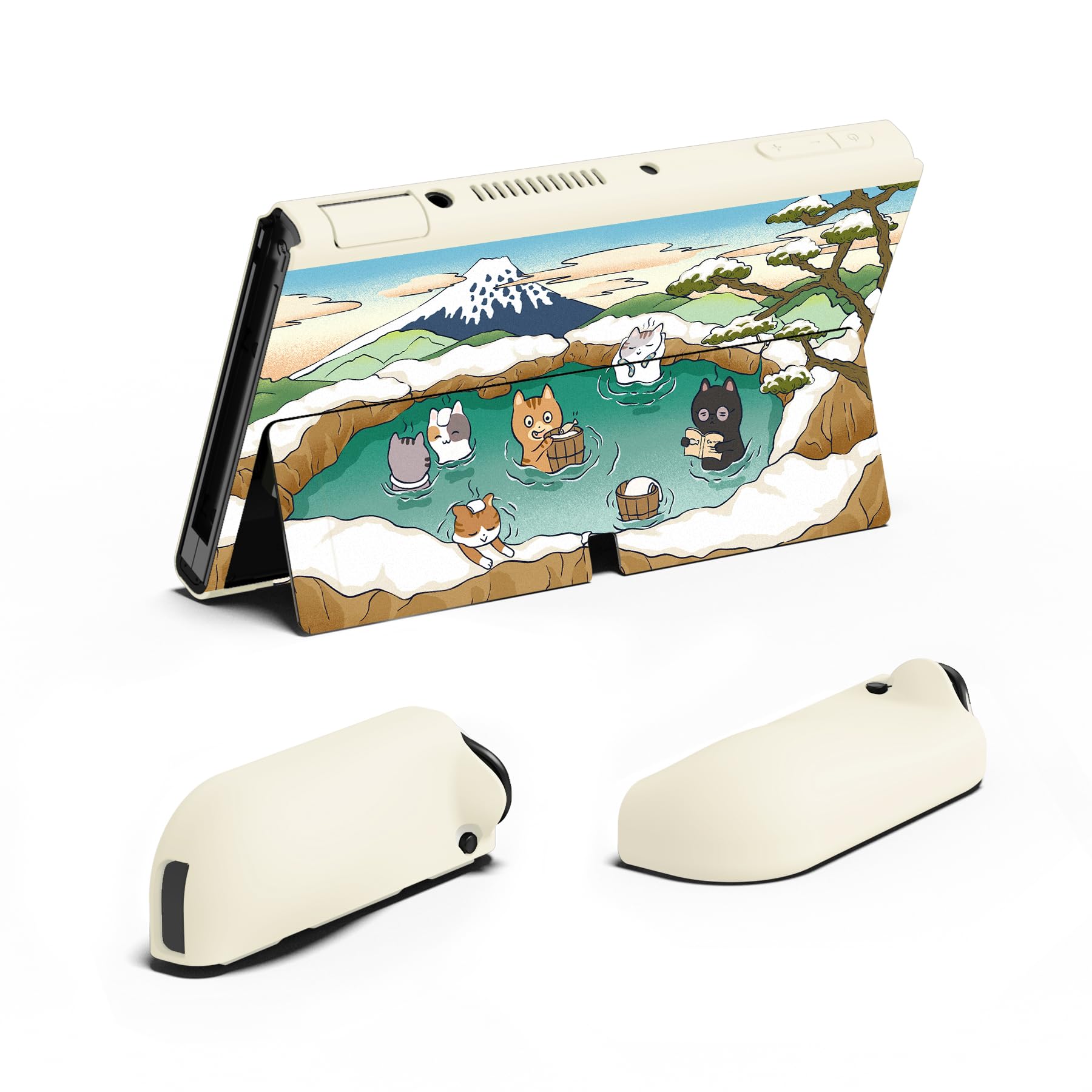 playvital ZealProtect Soft Protective Case for Nintendo Switch OLED, Flexible Protector Joycon Grip Cover for Switch OLED with Thumb Grip Caps & ABXY Direction Button Caps - Hot Spring Kitties — view 7