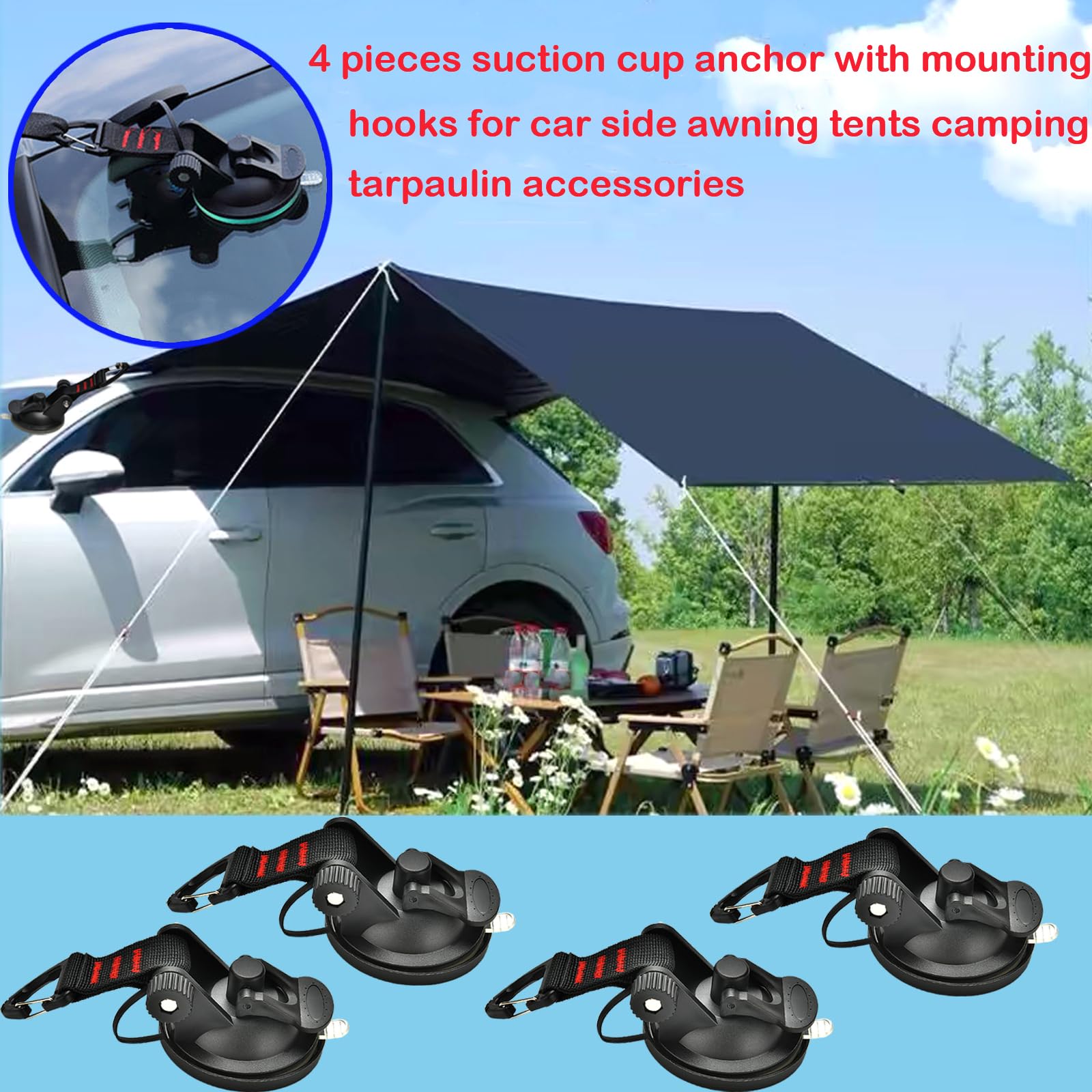 4 Stücke Saugnapf, Saughaken Extra Stark Saugnäpfe Anker mit Befestigung Haken Festbinden,Vakuum Camping Saugnapf Haken für Auto Seitige Markisen Zelte Wohnmobil Camping Planen Zubehör