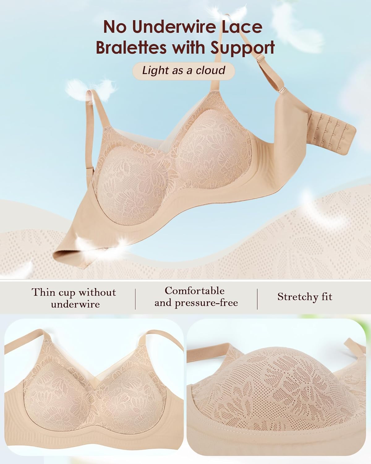 As Fairy No Underwire Sheer Mesh V-Neck Bra Lace Soft Support Comfort Bra for Women Everyday T-Shirt Bralette