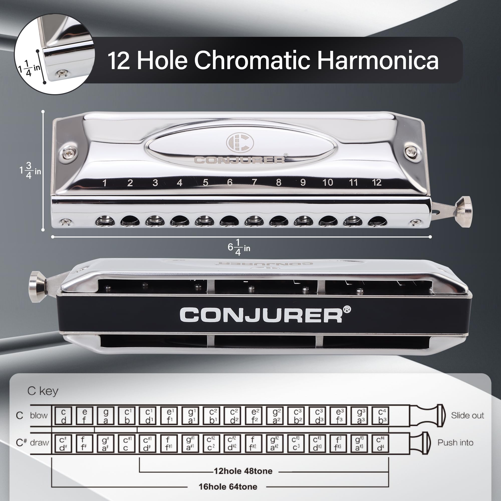 CONJURER Armonica cromatica Stanadard a bocca in chiave di do, 12 fori, 48 toni, con custodia, per principianti, adulti, bambini, professionisti, studenti, amici, regali (argento)