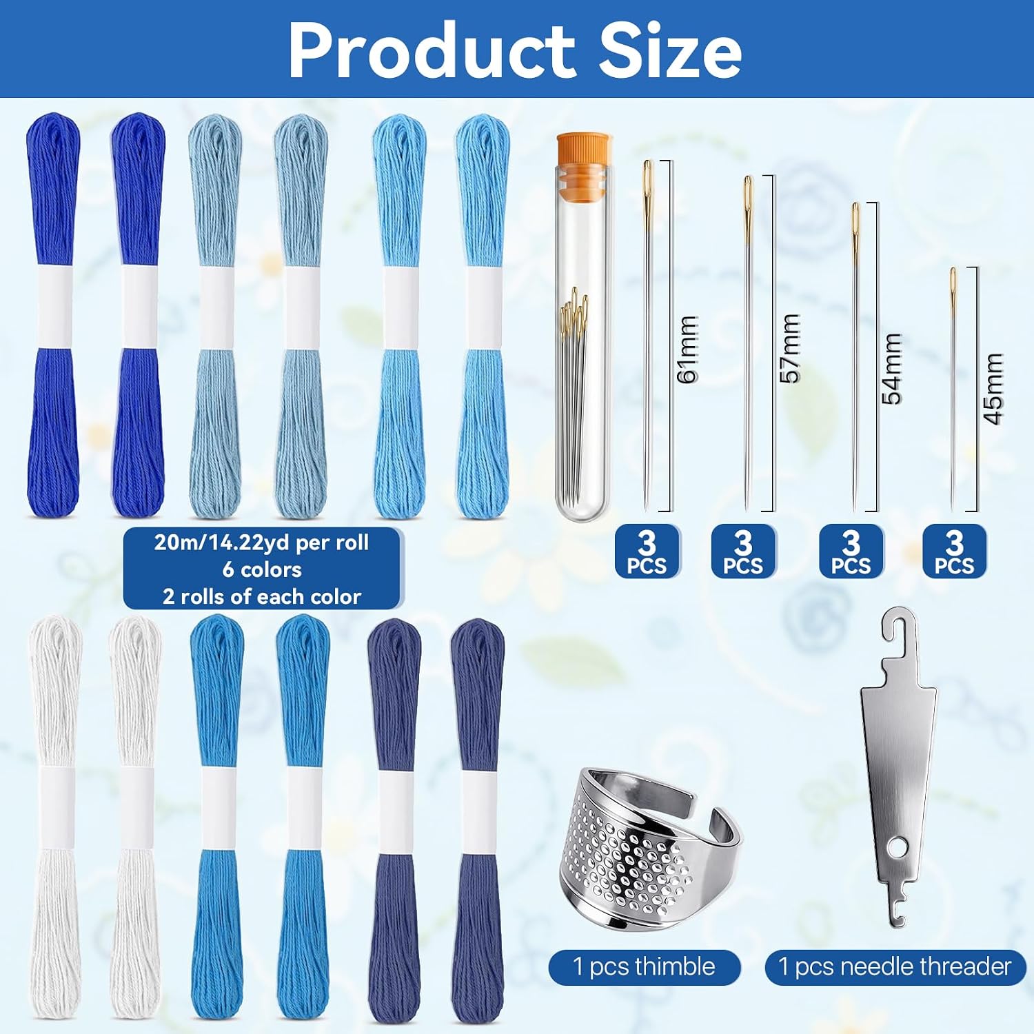 Boocalny 58 Pcs Sashiko Thread Kit, 32 Plastic Sashiko Stencil, 12 Skeins Blue Sashiko Thread,12 Sashiko Needles,Thimble, Needle Threader, Embroidery Pattern Projects for Hand Quilting and Embroidery