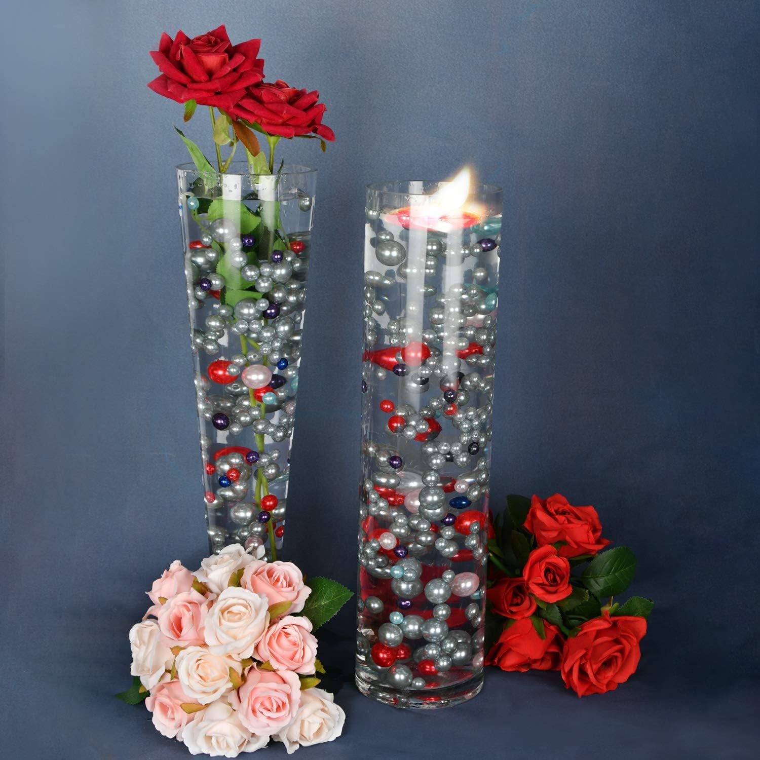 Z-synka Assorted Plastic Bead Pearls,200Piece Sale Floating NO Hole Plastic Pearls + Includes 6Pack Transparent Water Gels for Floating The Pearls,Wedding,Birthday Party Home Decoration, etc,Gray