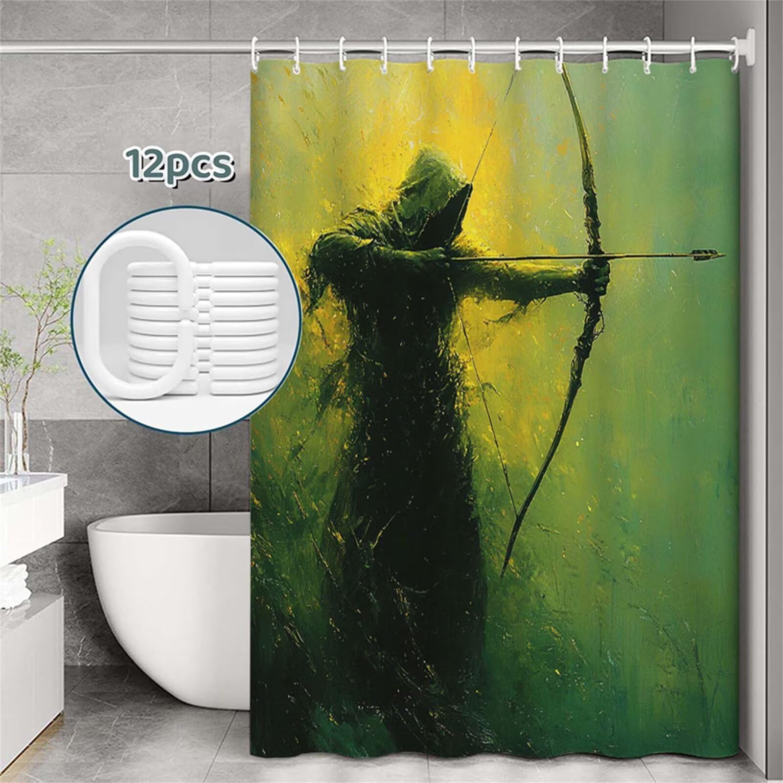 Tenda Doccia in Poliestere verde,Tende per Doccia Extra Lunga 240x200cm,guerriero Tenda Vasca da Bagno Tessuto Lavabile,Impermeabile e Facile da Pulire,con 12 Ganci,Decorazione per Bagno,Hotel Z-430