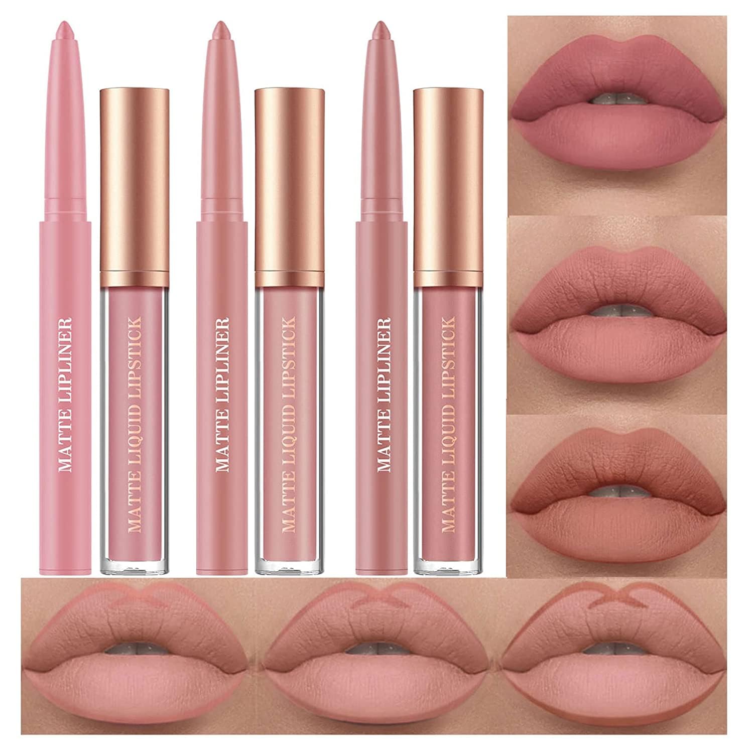 HQDA 6 Piece Matte Lipstick Lip Liner Set Velvety Nude Lipstick Stay On 24 Hours Waterproof Non-Stick Cup Not Fade Liquid Lipstick Makeup Set Nude Lip Liner Lip Gloss Make Up Gift Set (Set E)