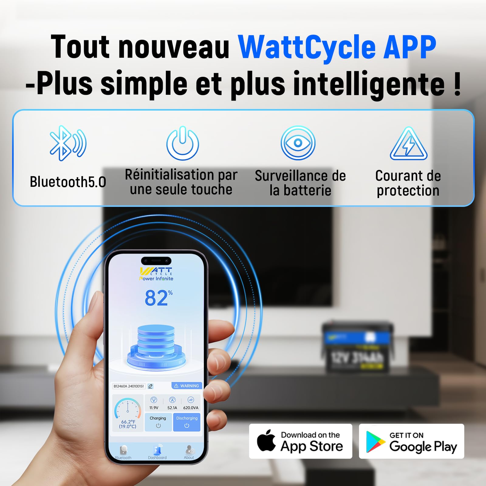 Pack de 2 Wattcycle Batteries Lithium 12V 314Ah LiFePO4 Bluetooth, Batteries Décharge Lente avec BMS 200A et Protection Anti-Froid, pour Solaire, Camping-Car et Marine