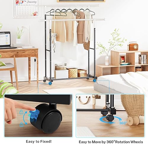 Miniatura 4 de VICERII Perchero de ropa de doble barra con altura extra, perchero de ropa de 51.97 pulgadas de largo con ruedas, perchero con estantes inferiores y