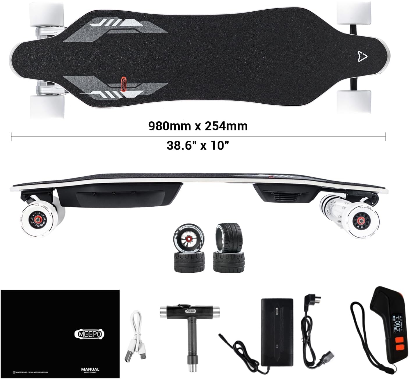 Person riding MEEPO Voyager X electric longboard with speed, range, hill grade, and riding modes displayed