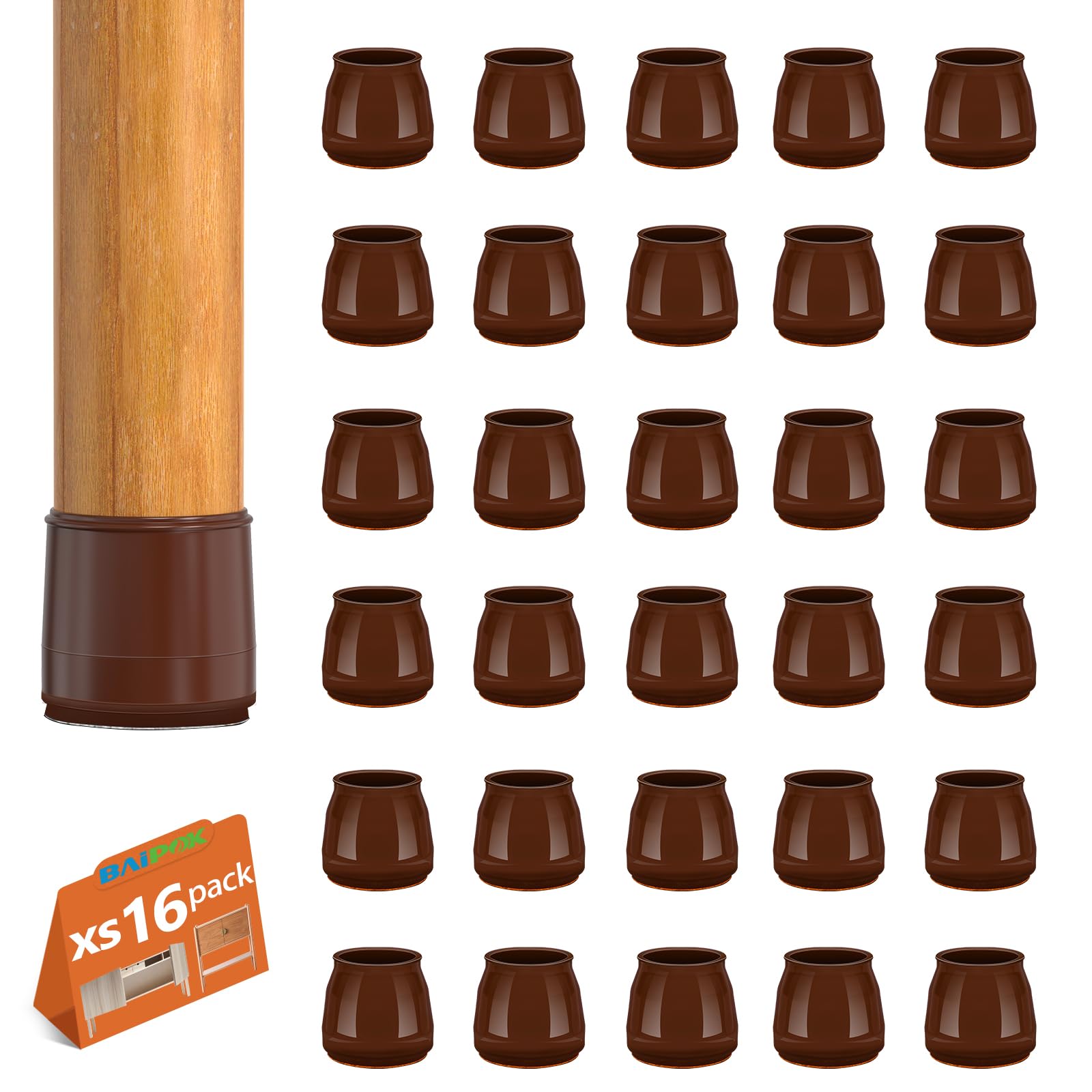 Baipok Brown-16P 16Pcs Chair Floor Leg Protectors, Silicon Chair Leg Caps For Hardwood Floors, Stronger Felt Pads, Furniture Feet Protectors, No Noise No Scratches