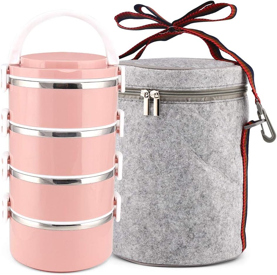 XINGBAO Stainless Steel Bento Lunch Box, 4-Tier Lunch Container for Office School Camping（Pink）
