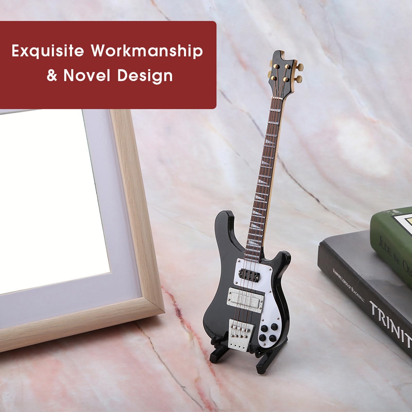 Respicefinem Black Bass Guitar Replica Handcrafted Basswood Model with Display Stand Travel Case Musician Gift Collectible Ornament