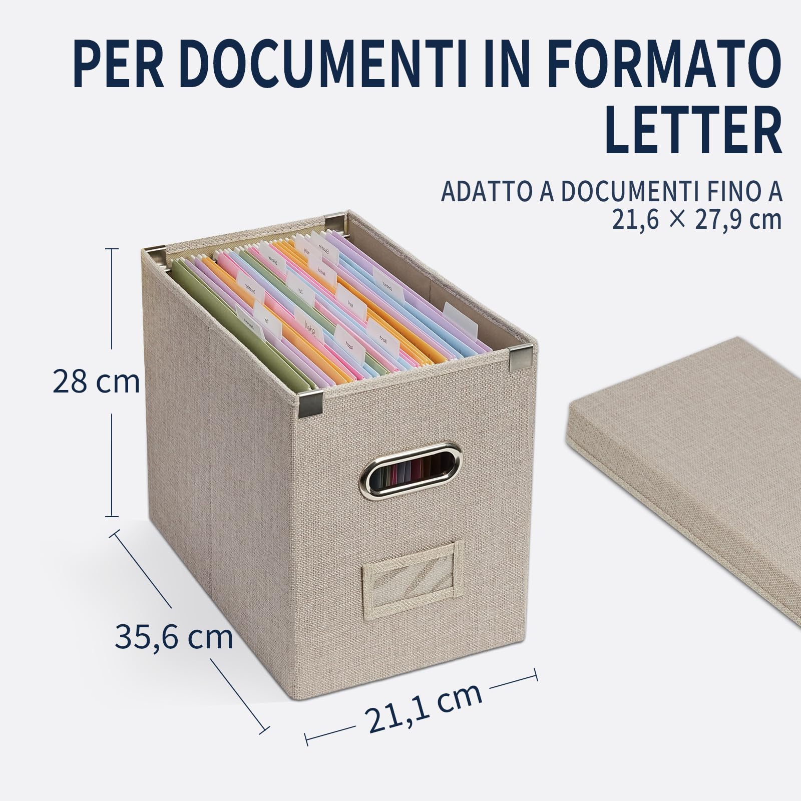 Scatola Portadocumenti con 15 Cartelle Sospese, Coperchio Asportabile, Barre Scorrevoli in Acciaio Inox, Etichette Adesive, Organizzatore da Scrivania Pieghevole per Ufficio e Casa