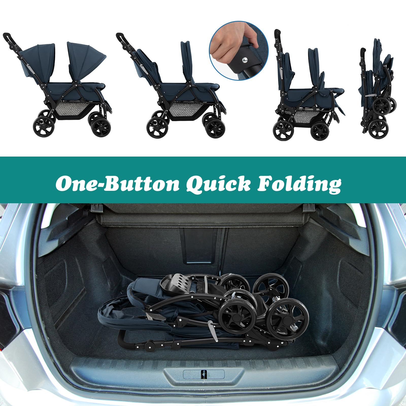 LIFEZEAL Carrito Gemelar, Silla de Paseo Doble Plegable para Gemelos, Cochecito de Viaje de 2 Plazas para Bebé con Ajuste de 3 Posiciones, Capacidad de carga 15+15 KG (Azul)