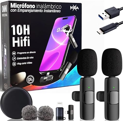 Nyxia® 2 Pack Microfono Inalambrico | Micrófono Solapa Wireless | Plug&Play, para iPhone Android iPad PC | Reducción de Ruido | Sonido Profesional | Movil Streaming Youtube TikTok Instagram Podcast