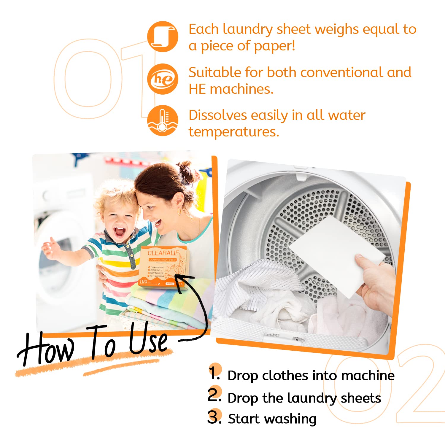 Paquete de 3 hojas de detergente naranja, ideales para viajes, apartamentos, dormitorios, tiras de detergente CLEARALIF - Ecológicas e hipoalergénicas