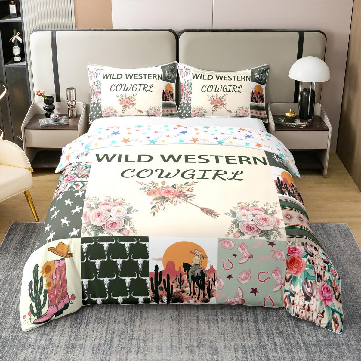 Homemissing Set di biancheria da letto per bambini verde occidentale azteco letto singolo stivali selvaggi cowgirl copripiumino 100% cotone per ragazzi decorazione camera da letto toro teschio