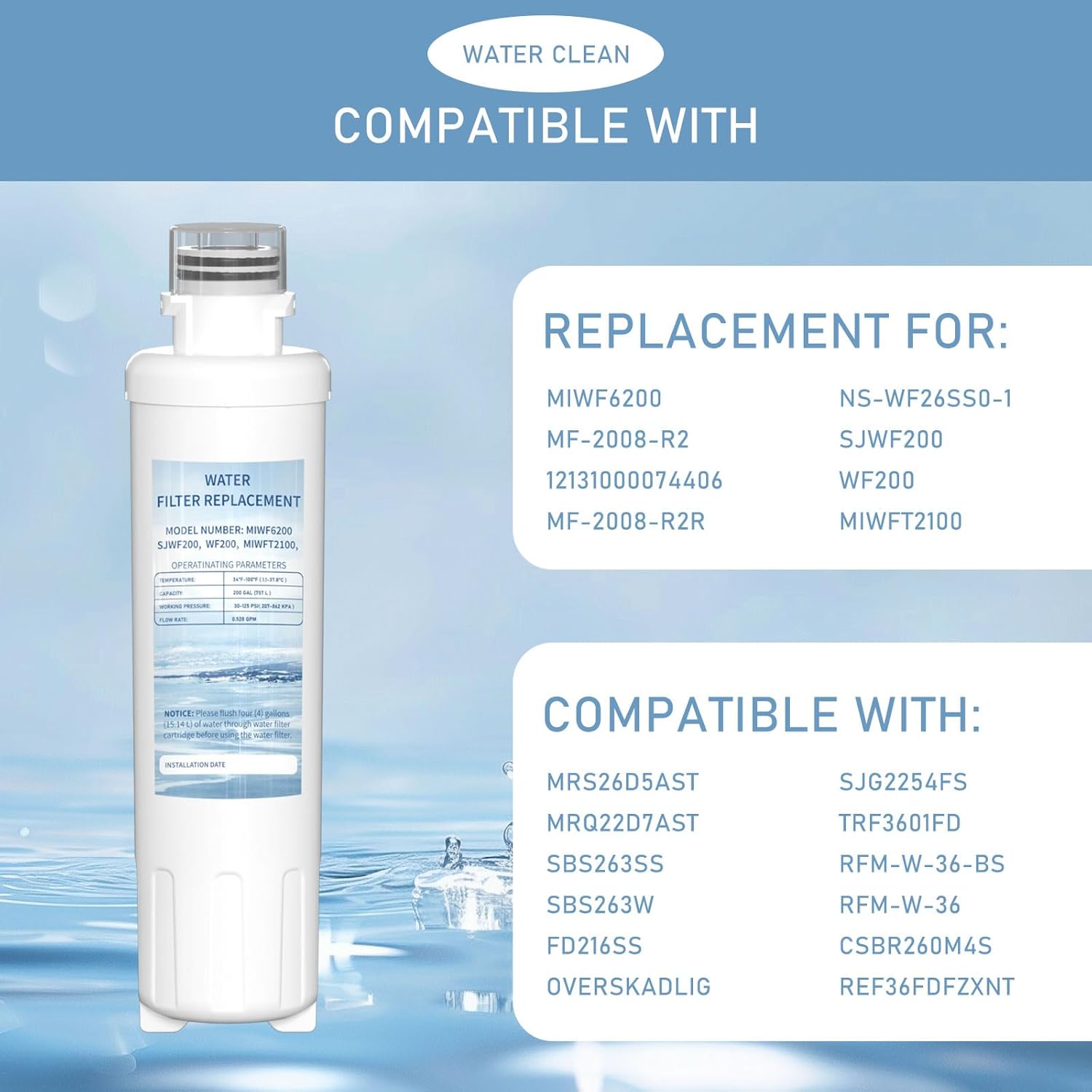 MIWF6200 Twist-in Water Filter Cartridge, Compatible with Midea MRS26D5AST, MF-2008-R2, Sharp SJWF200, SJG2254FS, Thor Kitchen WF200, Zline MIWFT2100, RFM-W-36 Models, 200 Gallon, 2 Pack