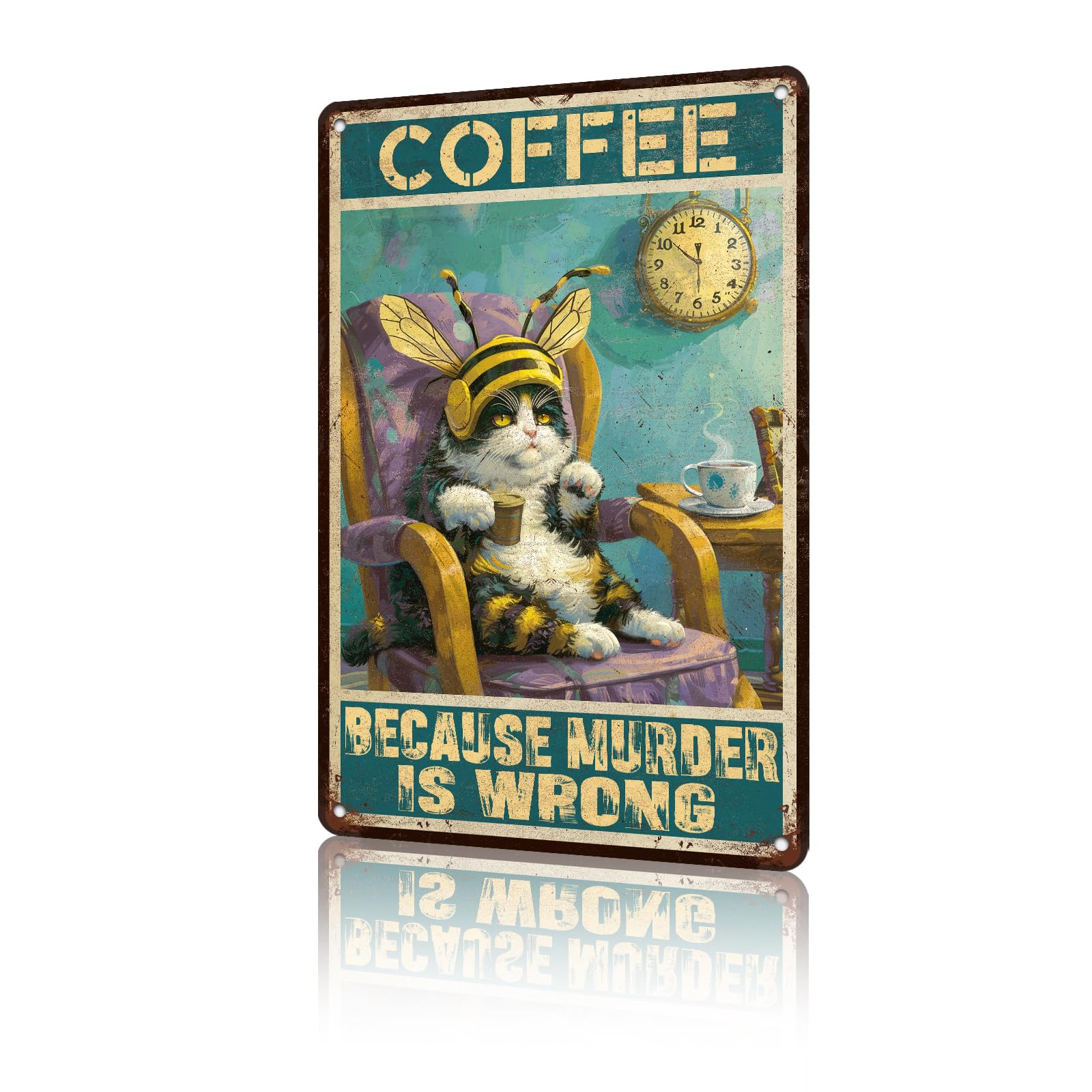 Anceky Coffee Because Murder Is Wrong Cat Metal Tin Sign Yard Sign Wall Decor for Yard Bar Plub Outdoor Window 12×8 Inch