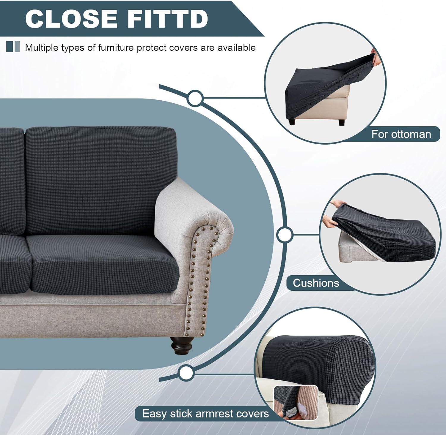 Seat Cushion Cover and Back Covers for Corner Sofa Stretch Jacquard, Non Slip L Shaped Sofa Slipcover with Storage Ottoman, Sectional Couch Cover for Chaise Lounge (Dark Grey,Corner Back Cover)