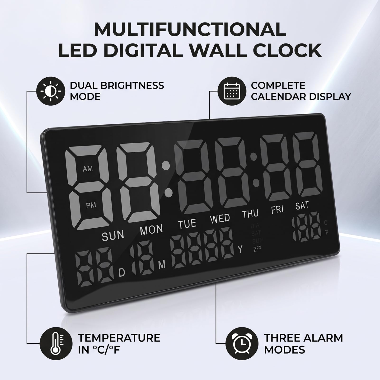 Reloj Despertador LCD Digital Pantalla de Calendario de Temperatura Moderna Brillo Adaptable para Escritorio de Estudio 36,2x15,8 Cm
