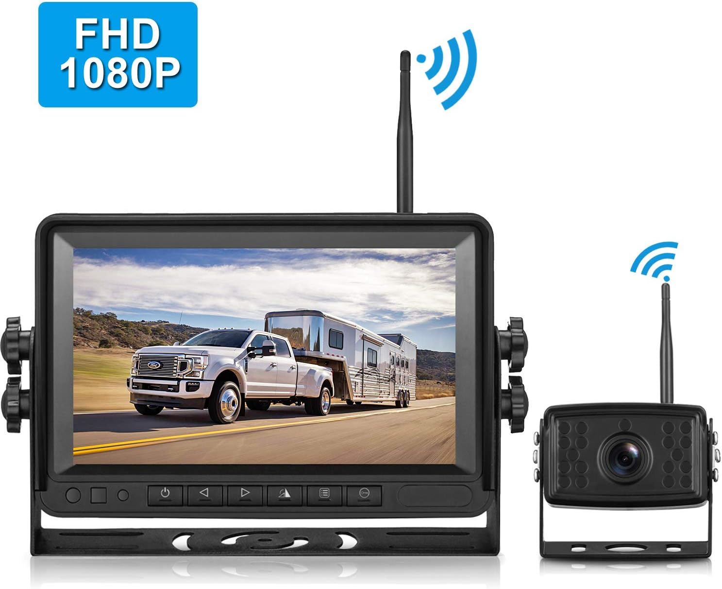Amtifo FHD 1080P Digital Wireless Backup Camera and 7'' Monitor Kit For RV/Truck/Trailer/Camper/Bus,High-Speed Observation System Adjustable Rear/Front View, Guide Lines ON/Off, IP69K Waterproof