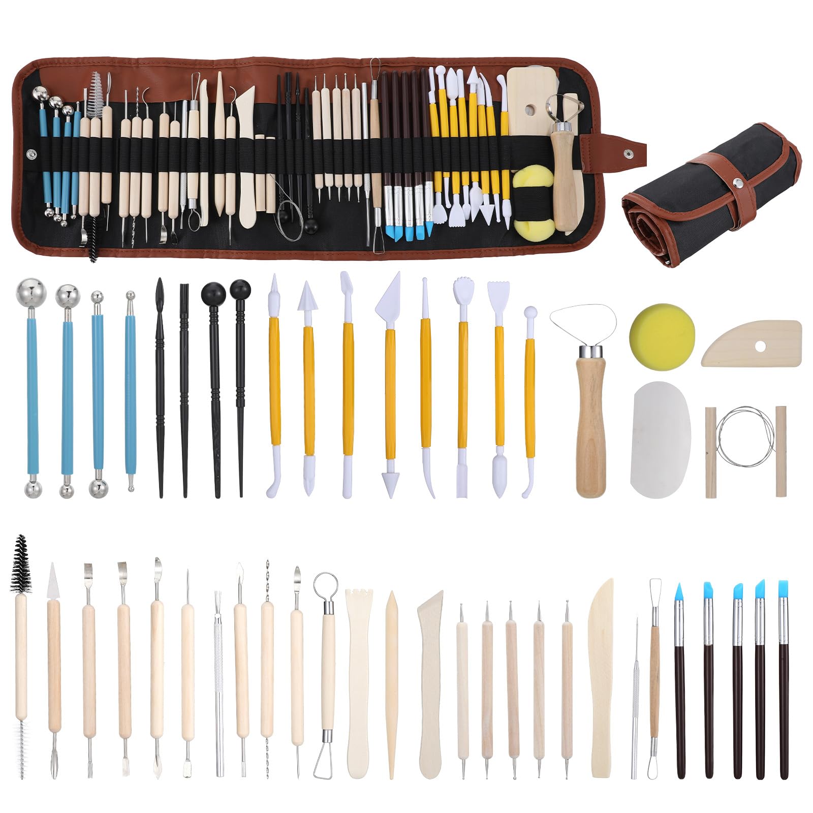 48個 陶器 セラミックスツールキット オールラウンダーポリマー粘土ツール 手作り 粘土彫刻ツール 収納バッグ付き DIYアート&クラフト用