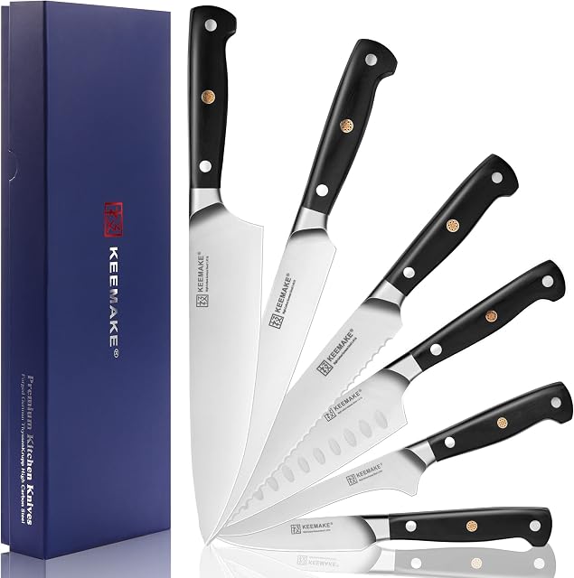 KEEMAKE Knife Set of 6, Kitchen Knife Sets with High Carbon German Stainless Steel Chef Knife Set, Japanese Knife Set Professional Kitchen Knife Set with Pakka Wood Handle Black Santoku Knife Set