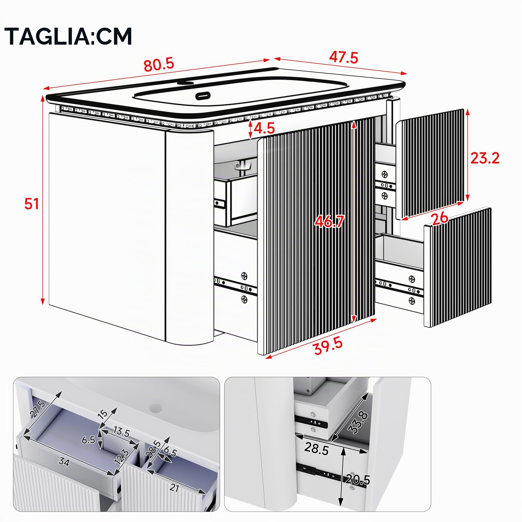 80,5 × 47,5 × 51 cm, mobiletto da bagno a parete sospeso, completamente laccato, struttura verticale, lampada LED con sensore di movimento radar, cassetti silenziosi, lavabo in un unico pezzo