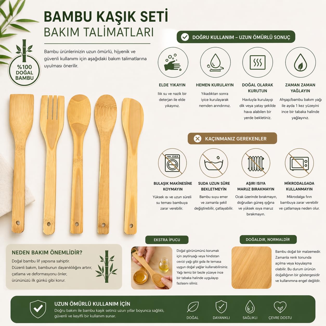 5 Parça Bambu Mutfak Kaşık Seti –%100 Doğal, Çizilmeye Karşı Korumalı, Isıya Dayanıklı, Hafif, Ergonomik, Tencere ve Tavalar ile Uyumlu, Sağlıklı ve Çevre Dostu Premium Set