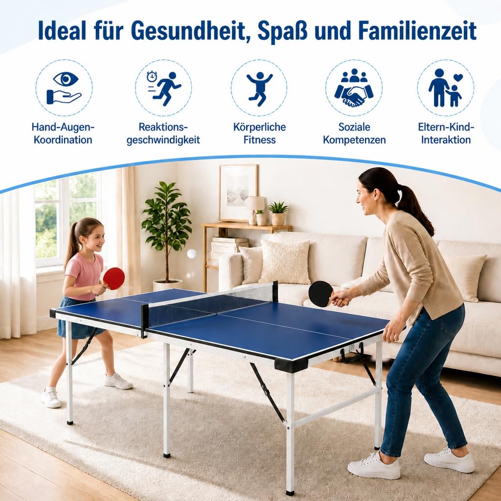 Tischtennisplatte 169cm Outdoor, Tischtennistisch Faltbar mit 6 Stützbeinen und Metallrahmen, Vormontierter Freizeitstisch Platte Stabil, Kompakte Sportplatte für Garten Terrasse Balkon