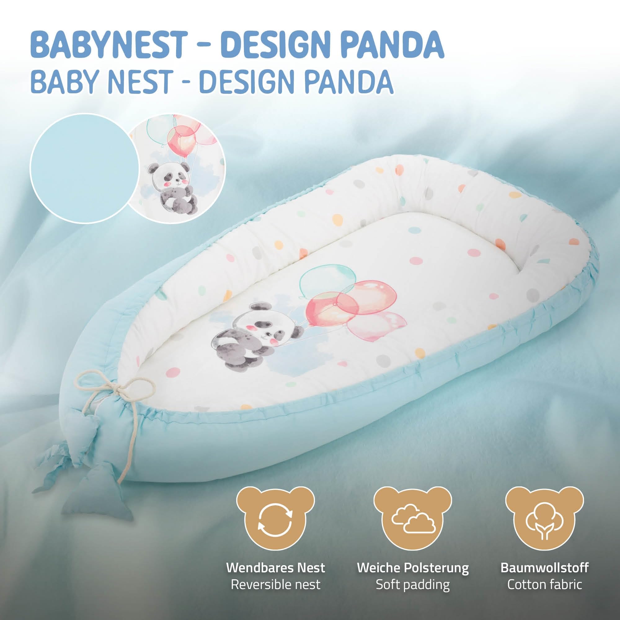 Joyz Babynest, Panda Hellblau, 90x50cm, Baumwolle, zweiseitig, antiallergisch, tragbar, Multifunktionale Babynestchen, Kokon für Babys & Säuglinge, Baby Nest Babybett Neugeborene Kuschelnest Reisebett