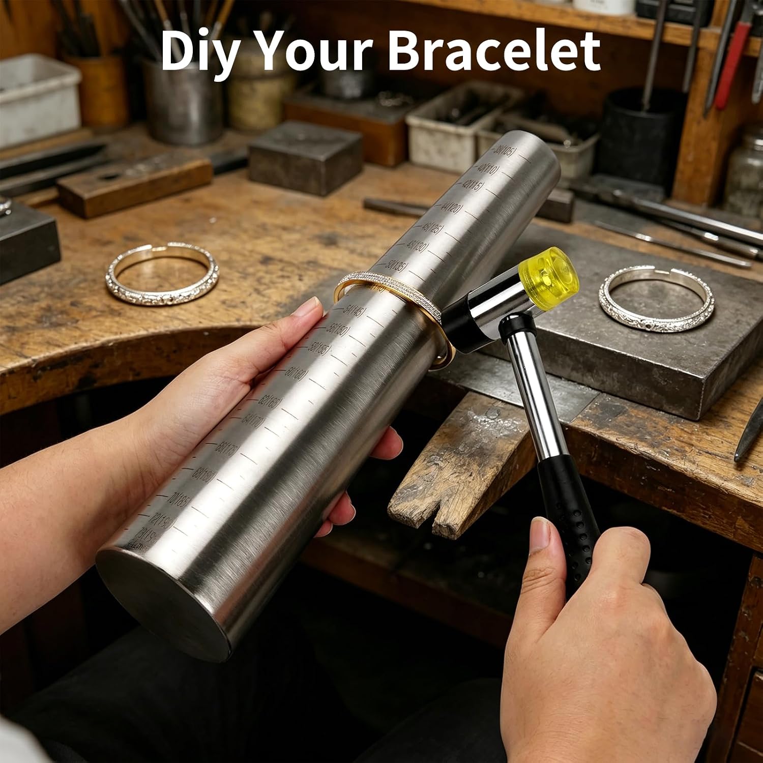 Bracelet Ring Sizer Measuring Tool Set with Bracelet Mandrel Ring Mandrel and Rubber Hammer for Measuring and Repairing Rings and Bracelets Jewelry Makers DIY