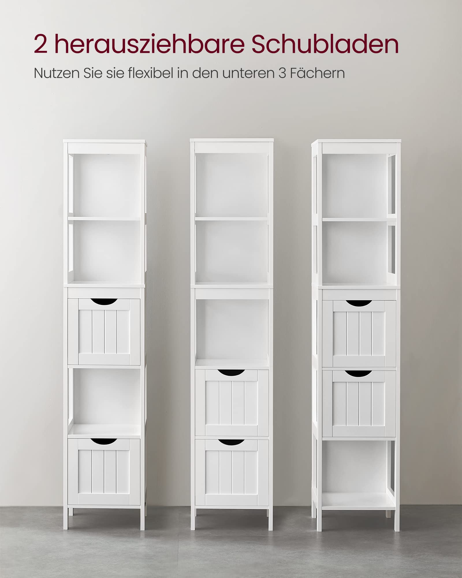 VASAGLE Badezimmerschrank, Schrank freistehend, Badezimmermöbel, mit 2 Schubladen, offenen Fächern, für Badezimmer, Wohnzimmer, Küche, modern, weiß BBC66WT
