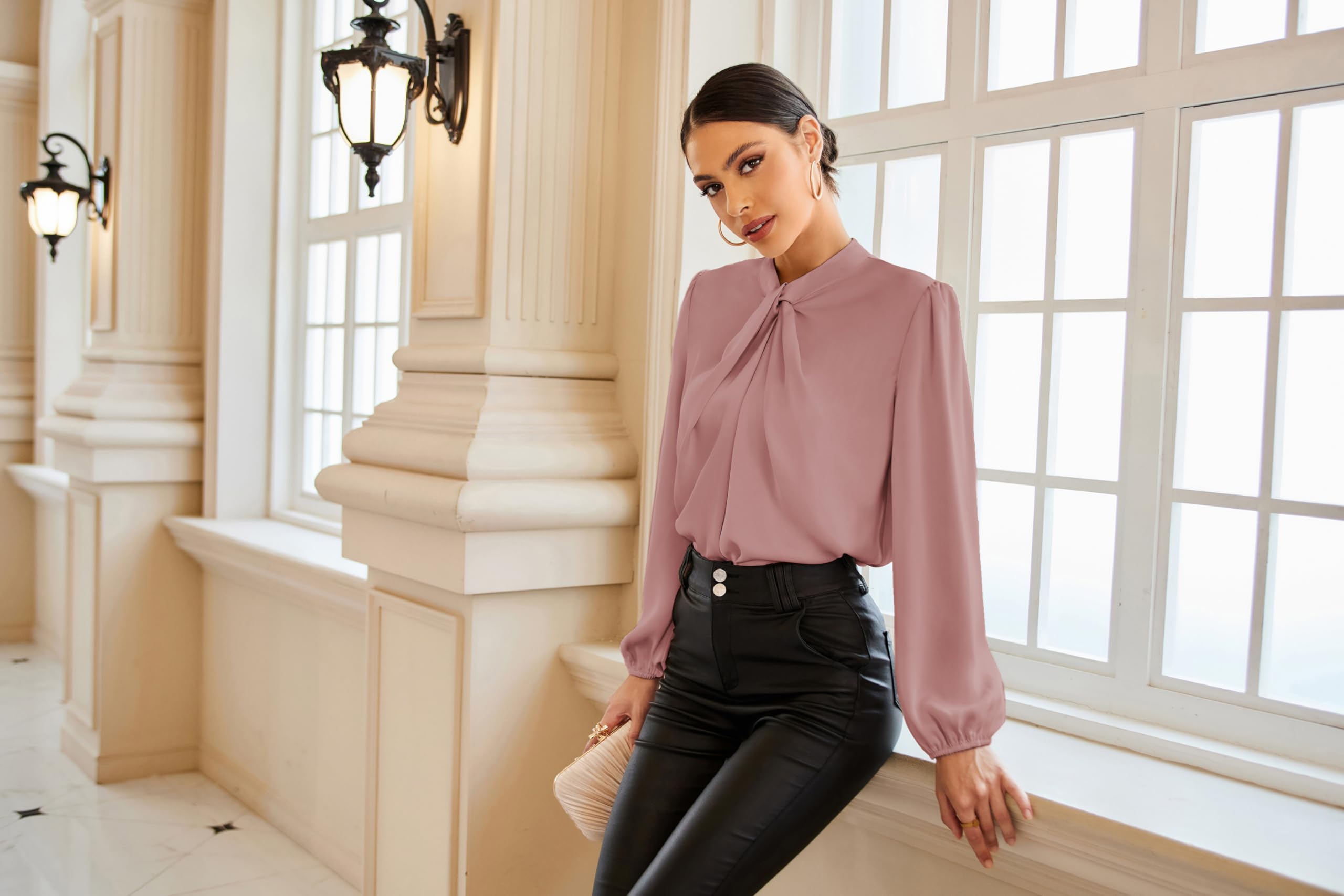 GRACE KARIN Blusa Elegante Donna Maniche Lunghe Tinta Unita con Bottoni Scollo a V da Ufficio Casual