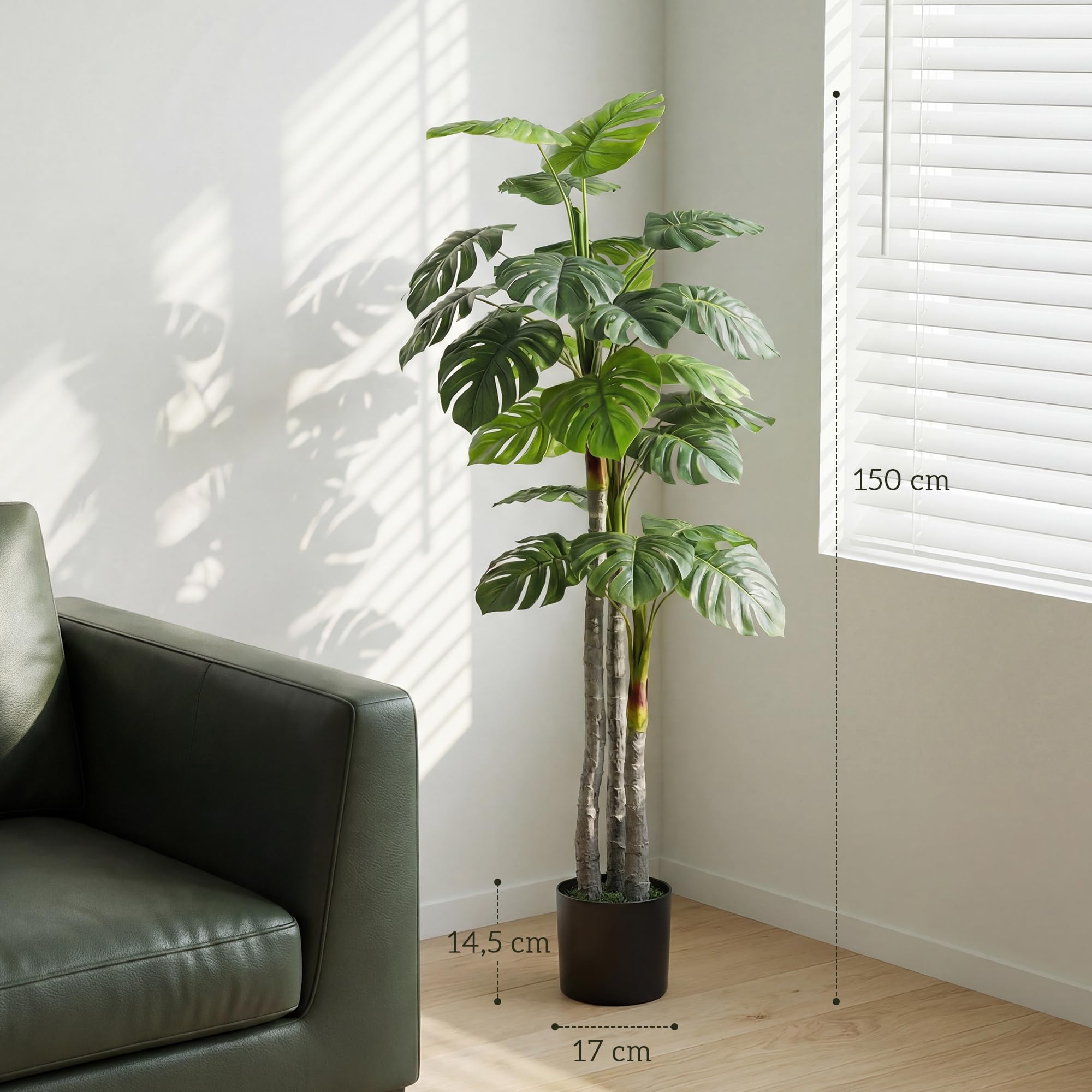 HOMCOM Arbre Artificiel Monstera H.1,5 m, Tronc et Branches en Lichen | Feuilles de Tortue, Grand Réalisme, Pot Inclus
