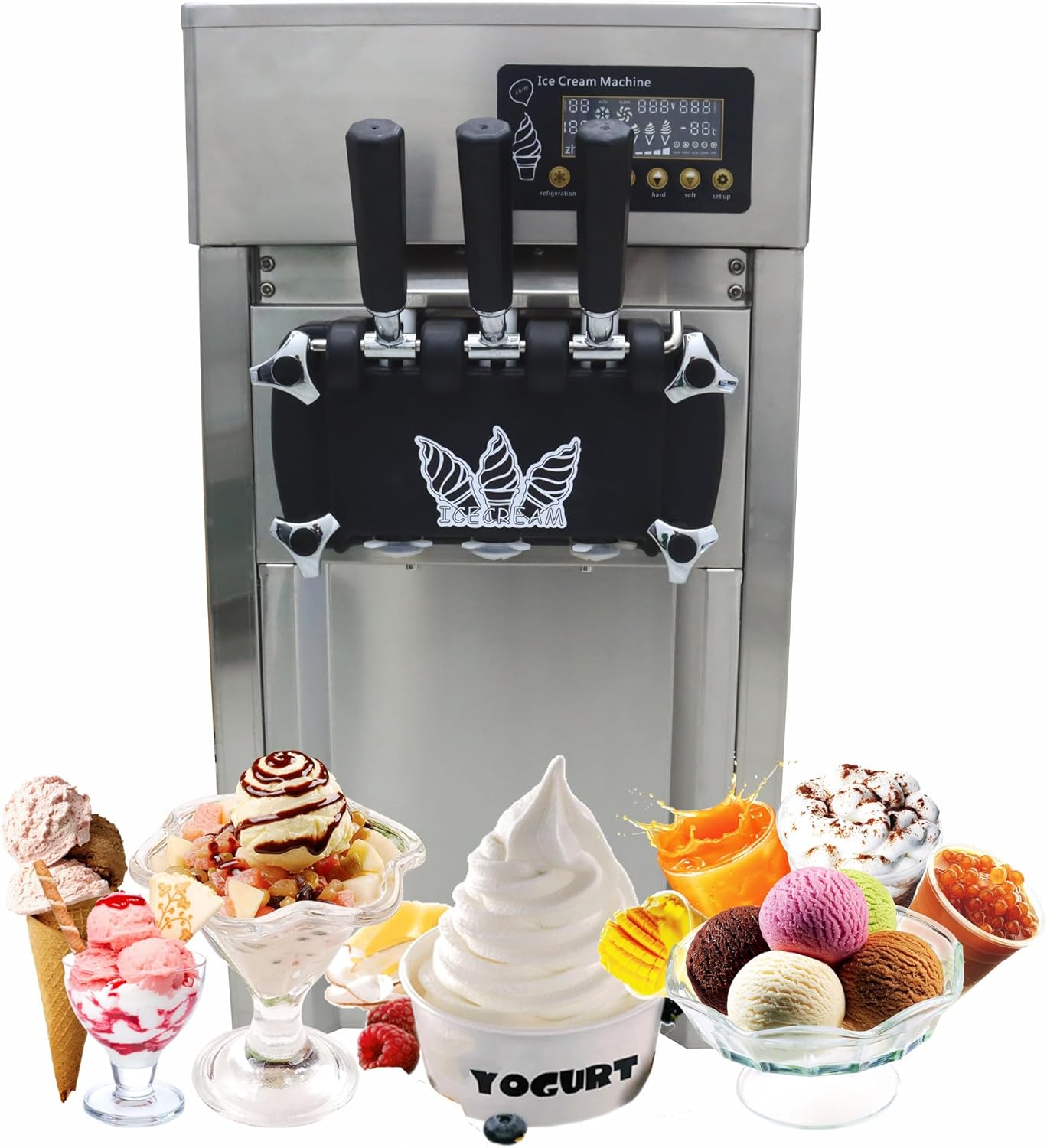 3 Flavors Commercial Soft Serve Ice Cream Machine 110V 1200W Stainless Steel Ice Cream Makers Countertop 16-18L/H with LED Panel for Supermarket Restaurants Bars
