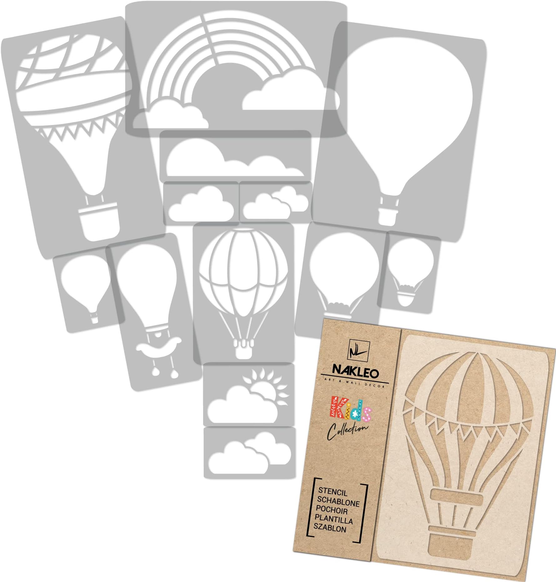 14 pcs Reusable Plastic Stencils // Hot Air Balloon - Cloud - Rainbow // 13.3" to 3.1" // Kids Room Decor // Nursery Template