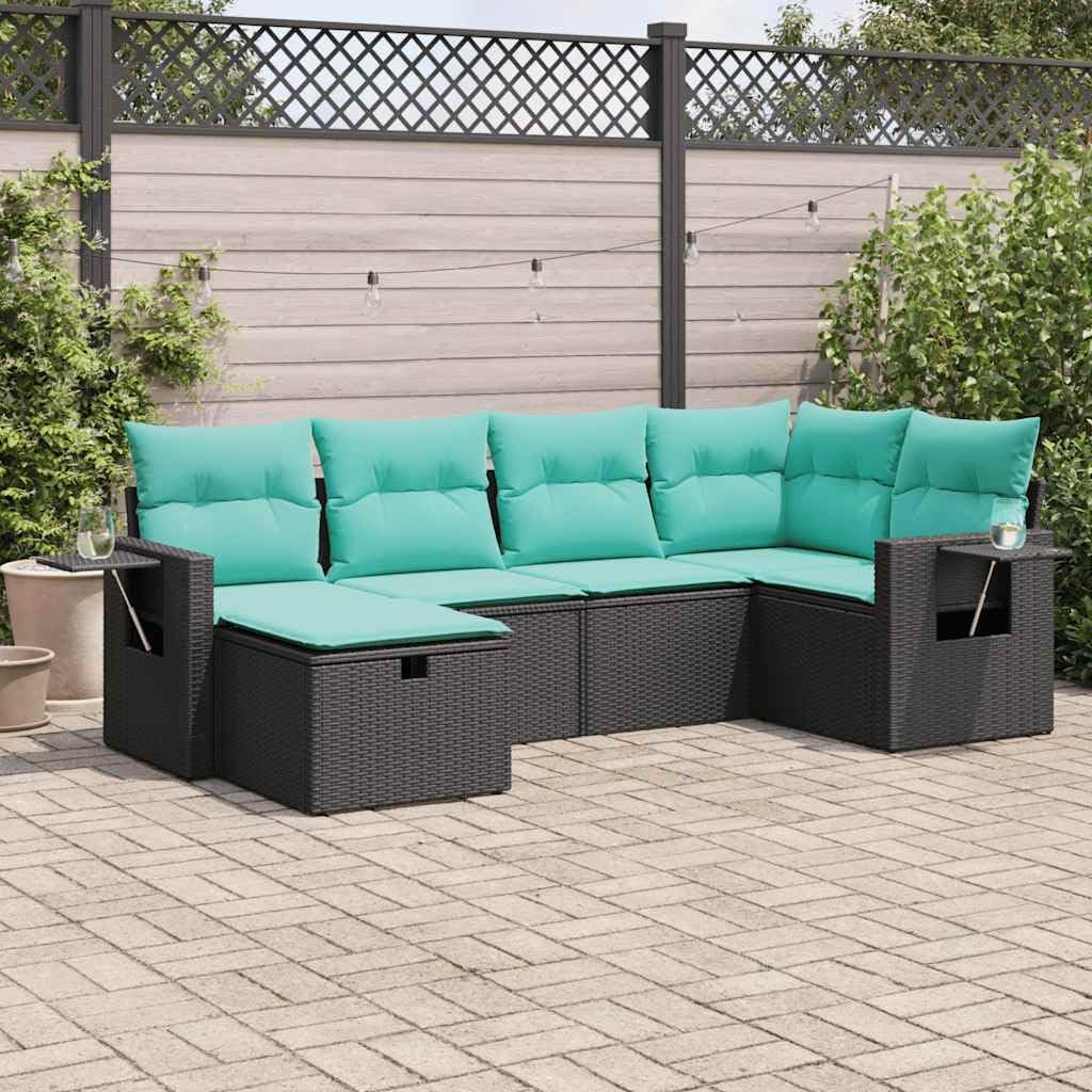 6 Piece Garden Sofa Set with PE Rattan and Powder-Coated Steel Frame, Modern Outdoor Furniture Set with Blue Cushions and Black Frame for Patio