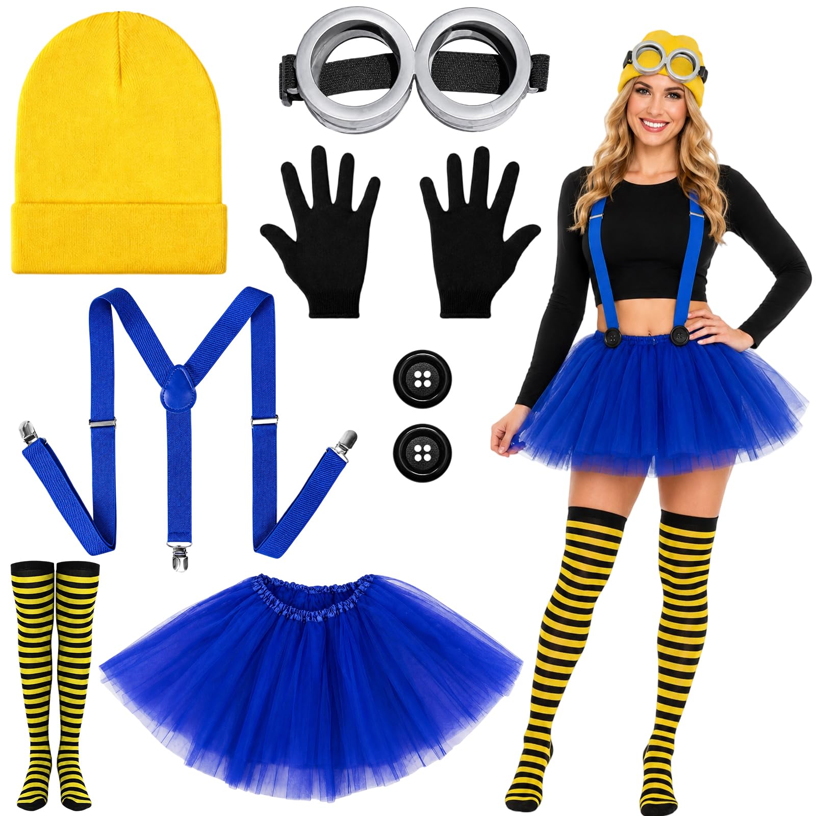 Yellow Costume,8 PCS Set with Hat Glove Suspender Goggle Sock Tutu & Button
