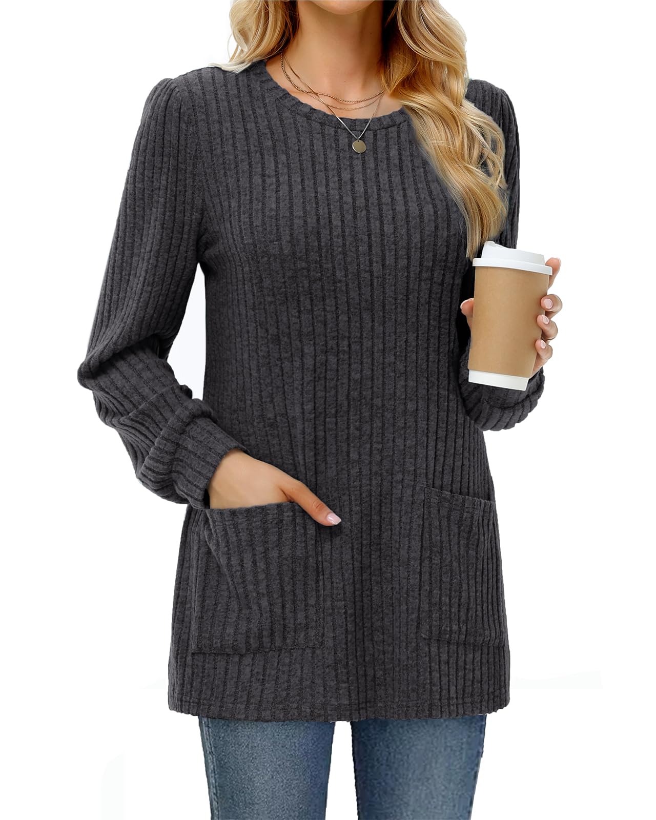 Tanmolo Damen Leichte Pullover Casual Rundhals Langarm Shirts mit Taschen Strickpullover Herbst Tunika Winter Oberteile