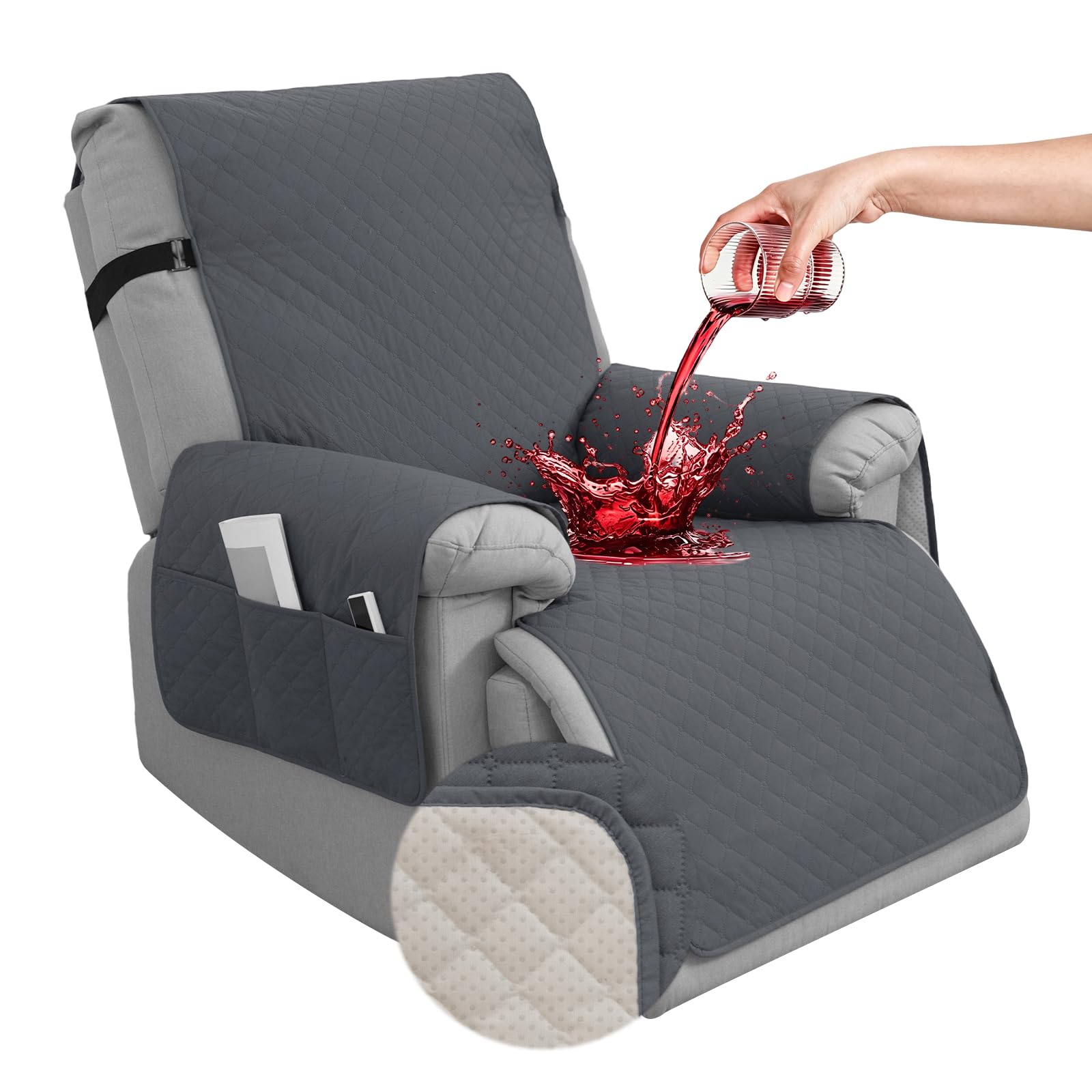 Hiiksolo Waterproof Recliner Chair Cover, Non-Slip Recliner Covers with Side Pockets, Washable Furniture Protector for Reclining Chair, Soft Velvet Slipcover for Pets Kids 1 Seater 23.6" Dark Grey