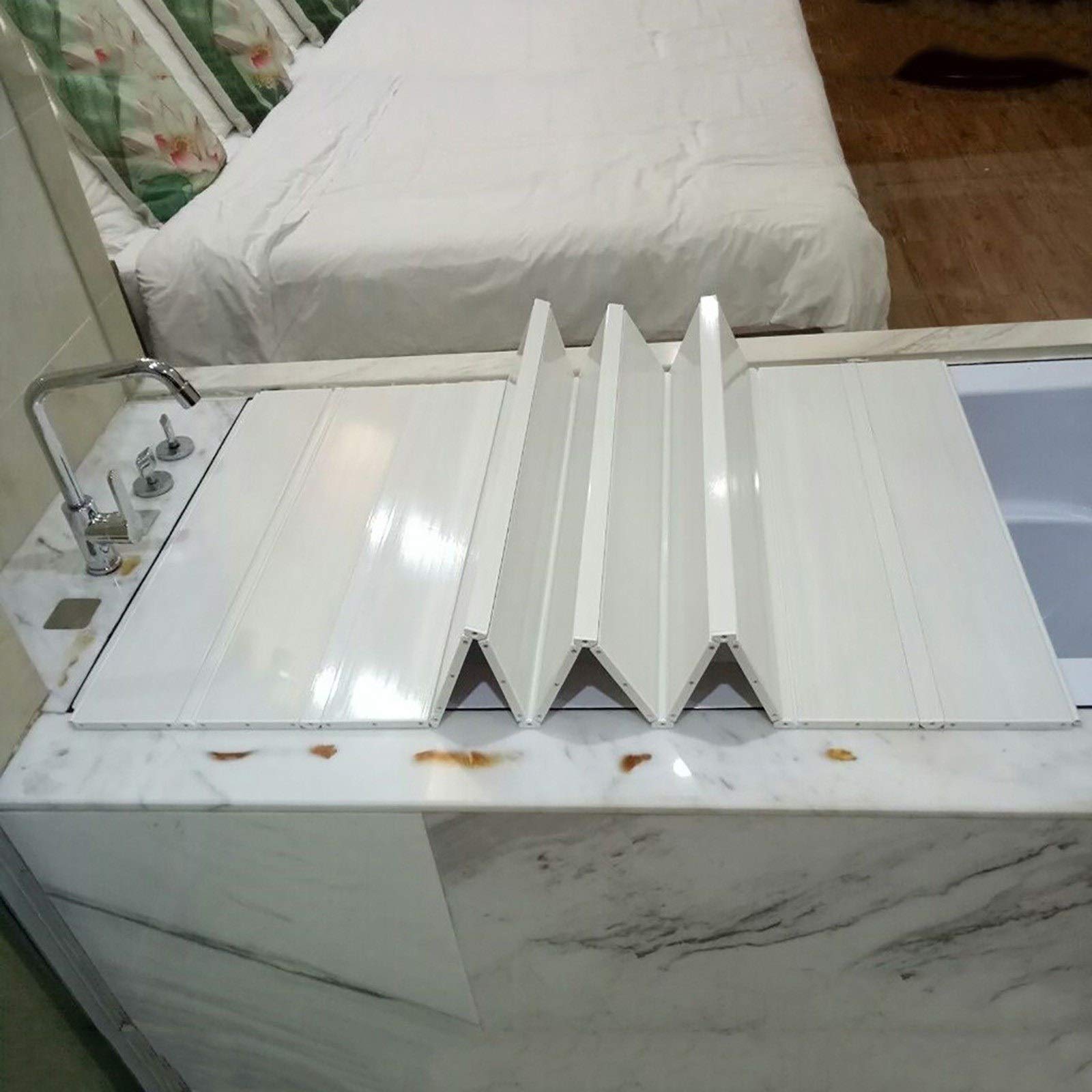 Bandeja de bambú para bañera con tapa plegable, cubierta de aislamiento antipolvo y diseño de obturador, PVC blanco, tamaño 142 x 80 x 0,6 cm