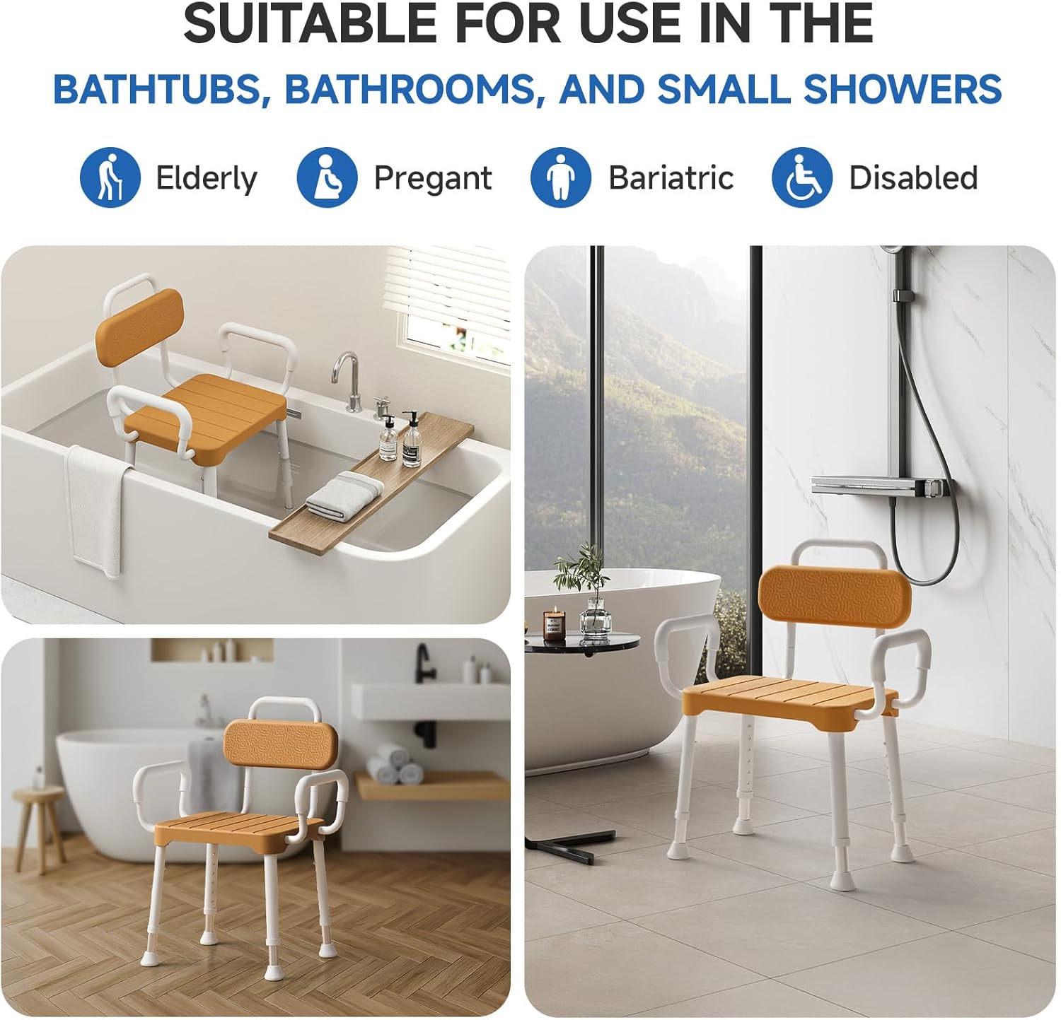 Shower Chair for Inside Shower ，Bath Chair with Arms and Back,Aluminum Shower Stool for Tub,Slip Resistant Shower Bench,Height-Adjustable Shower Seat with Padded Handles for Seniors，Brown