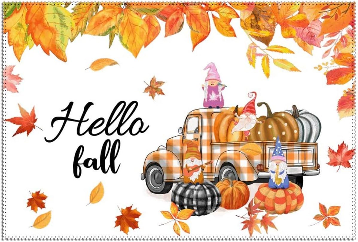 Rectangle Placemats Set of 6 Hello Fall Pumpkin Truck Gnome