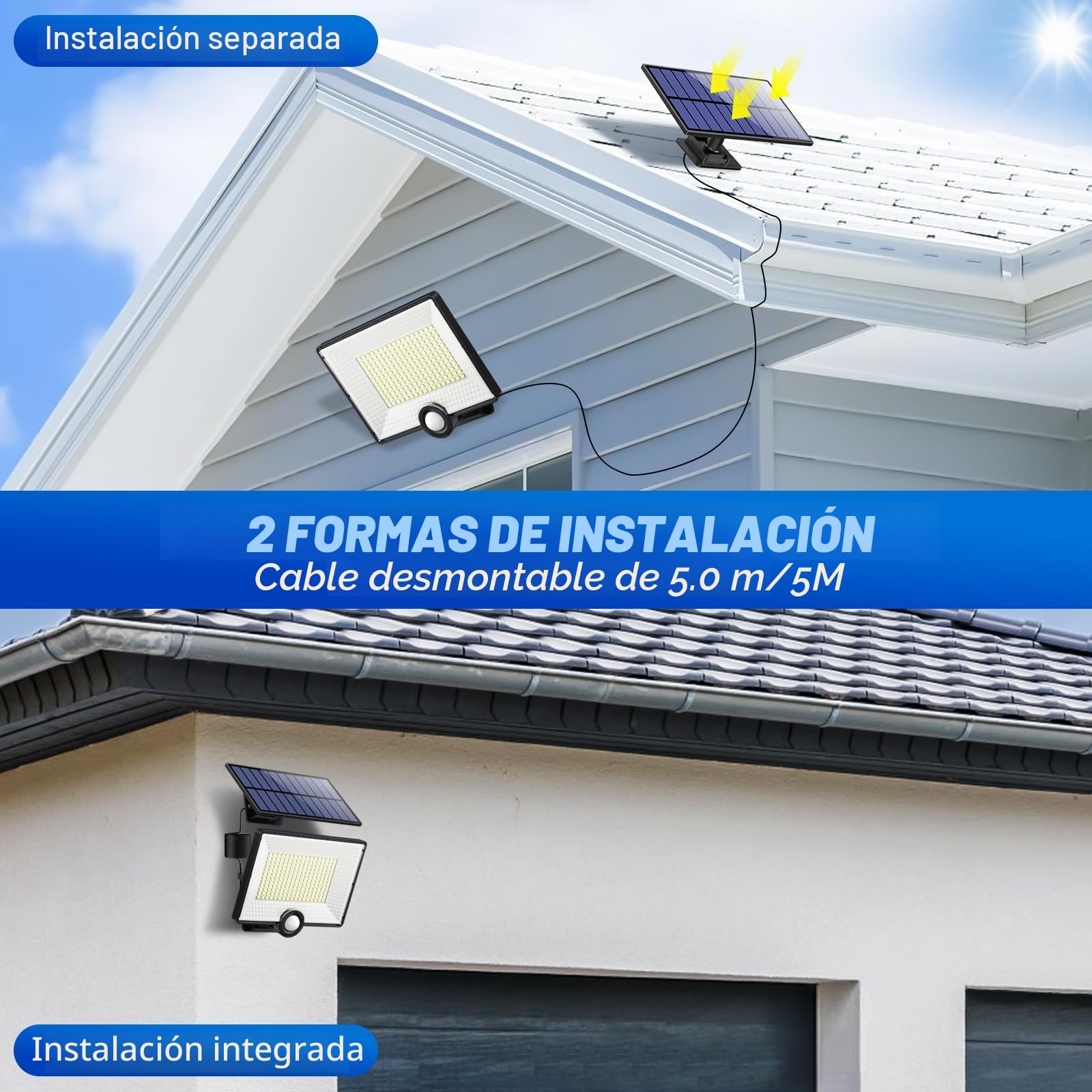 Luz Solar Exterior 204LED/2000LM/3 Modes Focos LED Exterior Solares con Sensor de Movimiento, IP65 Impermeable Split Lampara Solar Exterior con Cable de 5M para Jardin Garaje Camino [4 Paquete]