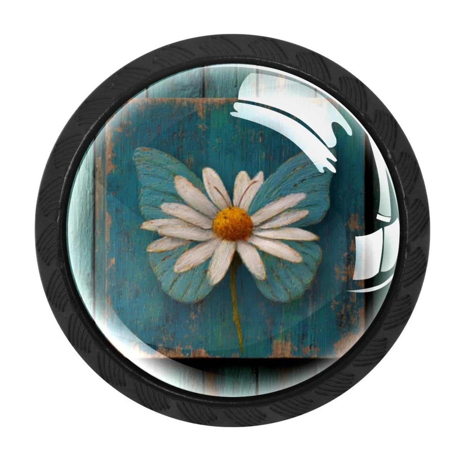 CHENZZZZ 4 Pack Black Daisy Butterfly on Rustic Teal Wooden (3) Cabinet Pulls Kitchen Cabinet Handles Ideal for Cabinet,Drawer,Cupboard and Wardrobe