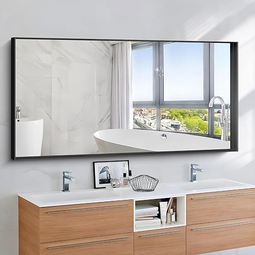 60 x 30 Inch Black Bathroom Vanity Mirror, Matte Black Wall Mirror with Metal Frame, Decorative Rectangular Vanity Mirror for Bedroom Bathroom Living Room Entryway (Horizontal/Vertical)