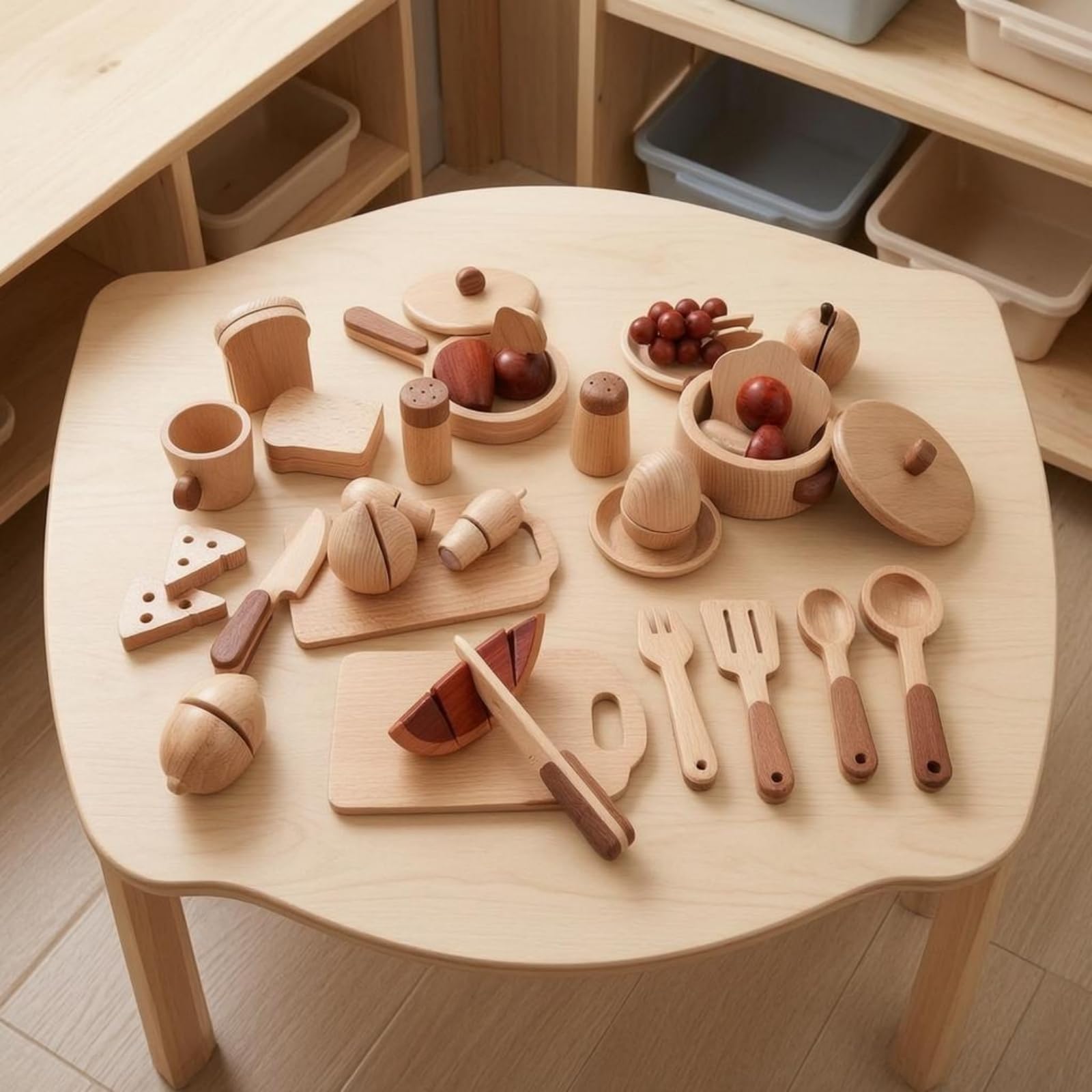 15 Pieces Giocattolo da Cucina in Legno Naturale Forme Arrotondate Set da Cucina in Legno Durevole Set Piatti Giocattolo