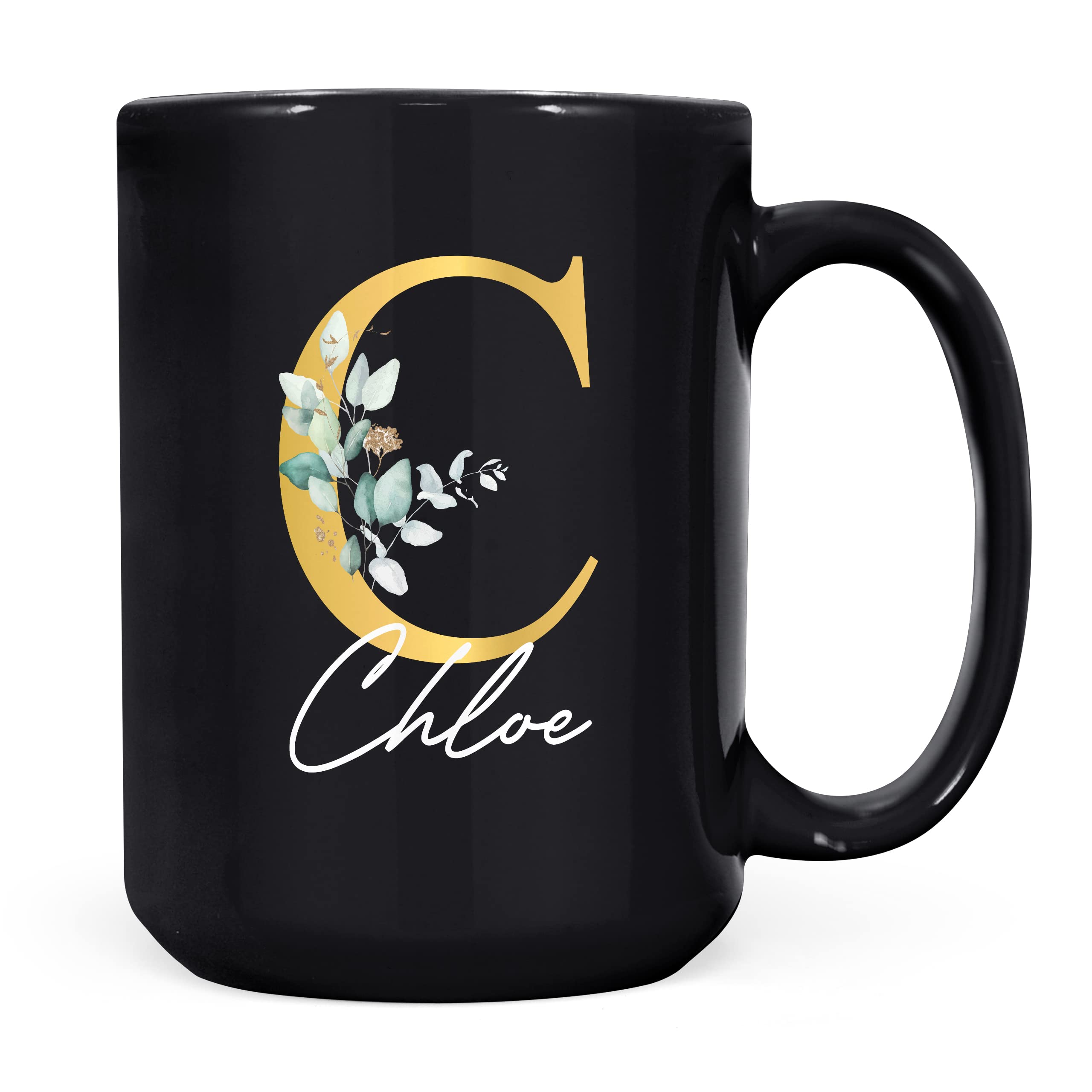Personalised Letter C Floral Mug - Custom Name Gold Print Ceramic Coffee Cup, 11oz Black
