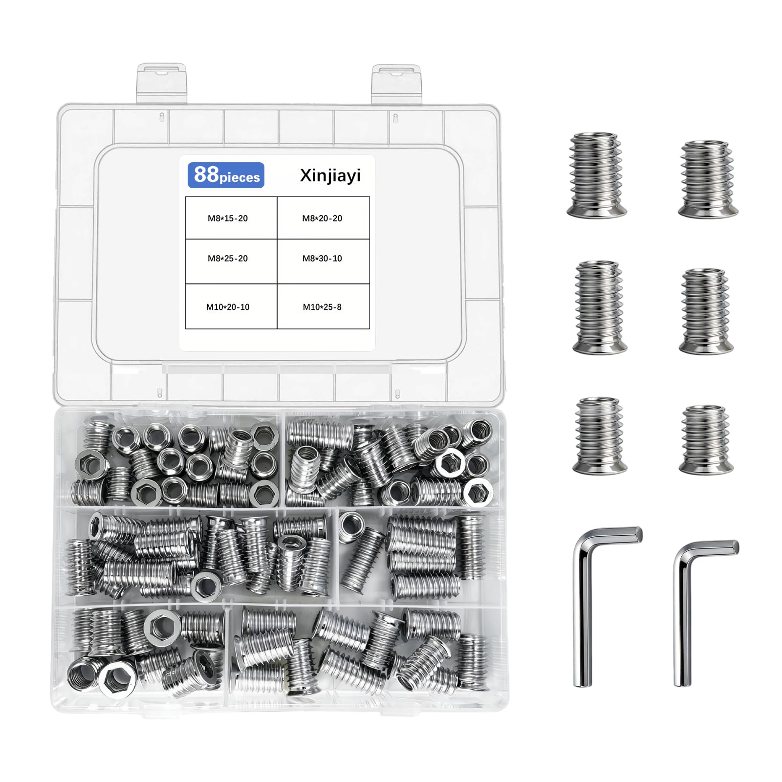 Xinjiayi Threaded Inserts for Wood, 88 Pcs Threaded Inserts Nuts, M8/M10 Nuts, Steel Threaded Inserts, Screw With Box, Hex Socket Nuts for Wood Furniture, DIY and Many Projects