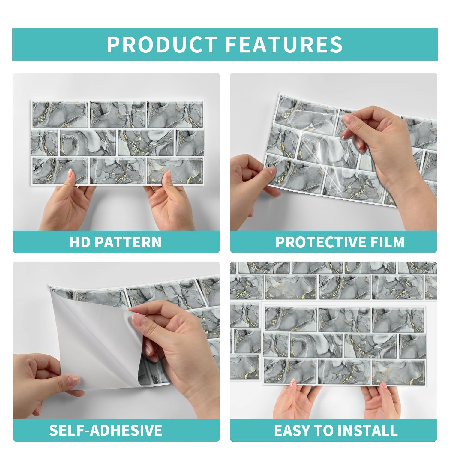Stickers carrelage raffinés effet marbre gris et or pour salle de bain, cuisine et décoration intérieure. En PVC imperméable et résistant à l'huile, faciles à poser et à décoller. Lot de 30 stickers m
